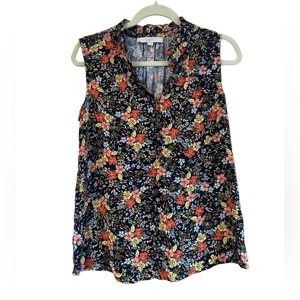 LOFT FLORAL SLEEVELESS RUFFLE NECK POPOVER BLOUSE